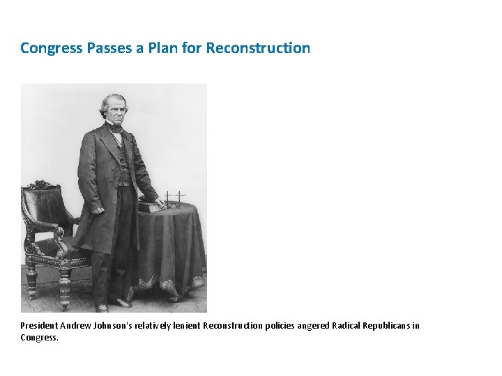 Congress Passes a Plan for Reconstruction President Andrew Johnson's relatively lenient Reconstruction policies angered