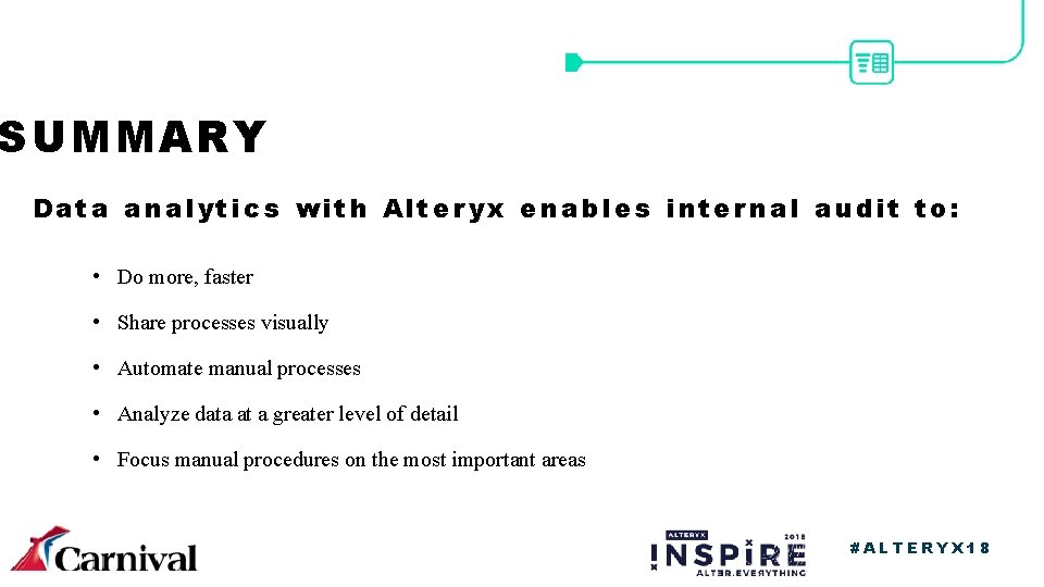 SUMMARY Data analytics with Alteryx enables internal audit to: • Do more, faster •