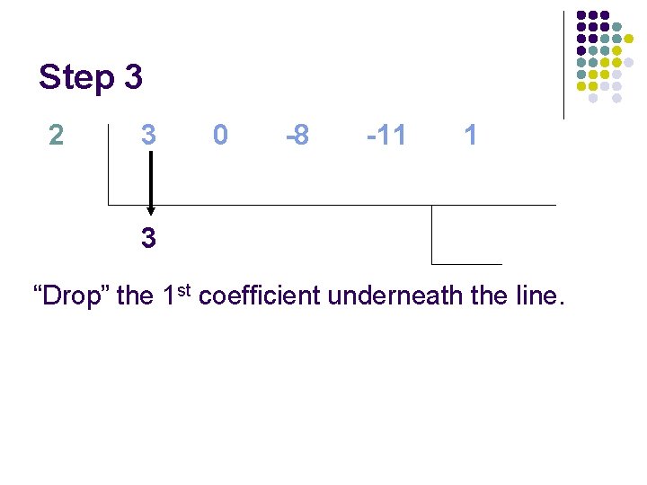 Step 3 2 3 0 -8 -11 1 3 “Drop” the 1 st coefficient