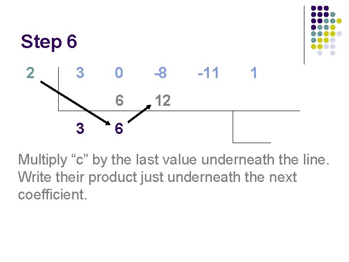 Step 6 2 3 3 0 -8 6 12 -11 1 6 Multiply “c”