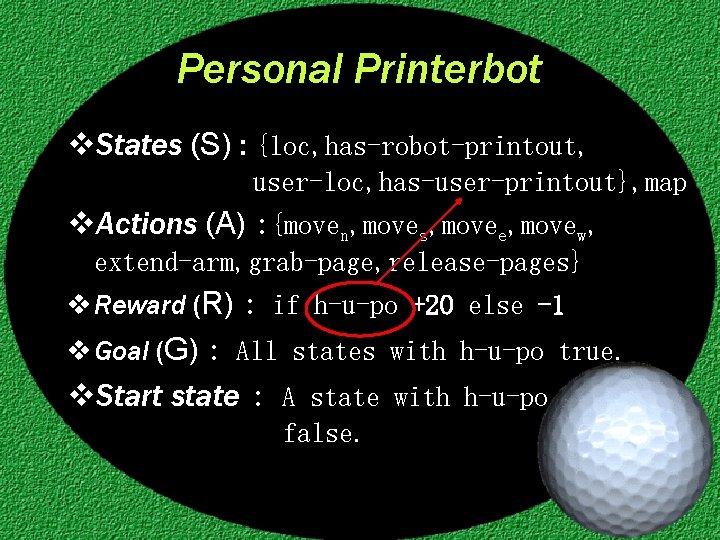 Personal Printerbot v. States (S) : {loc, has-robot-printout, user-loc, has-user-printout}, map v. Actions (A)