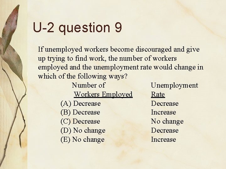 U-2 question 9 If unemployed workers become discouraged and give up trying to find