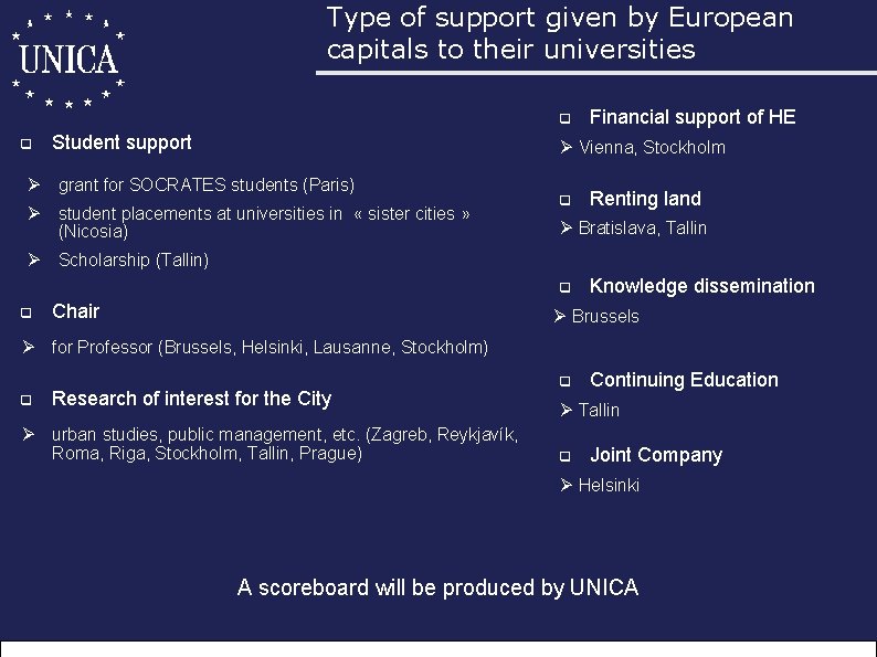 Type of support given by European capitals to their universities q q Student support
