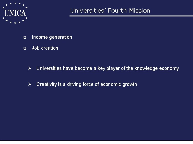 Universities’ Fourth Mission q Income generation q Job creation Ø Universities have become a