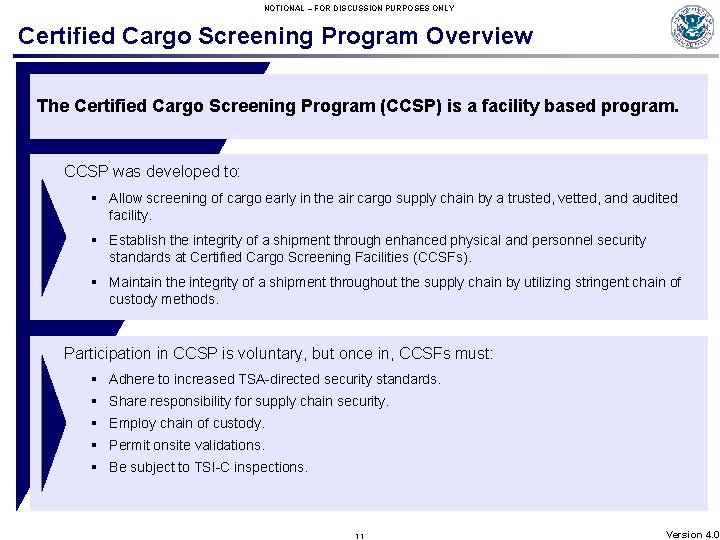 NOTIONAL – FOR DISCUSSION PURPOSES ONLY Certified Cargo Screening Program Overview The Certified Cargo