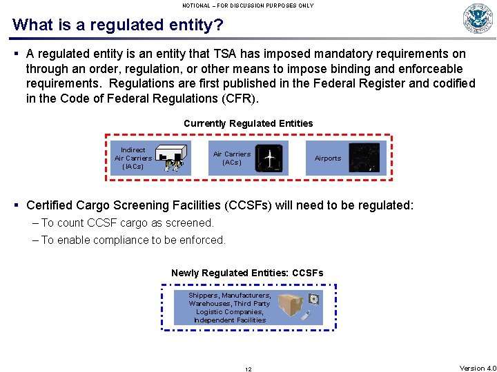 NOTIONAL – FOR DISCUSSION PURPOSES ONLY What is a regulated entity? § A regulated