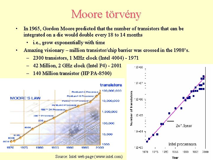 Moore törvény • • In 1965, Gordon Moore predicted that the number of transistors