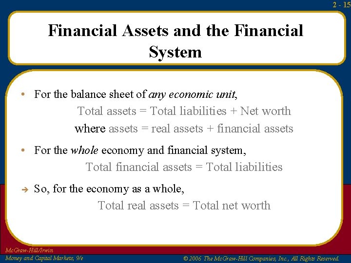 2 - 15 Financial Assets and the Financial System • For the balance sheet 2 - 15 Financial Assets and the Financial System • For the balance sheet