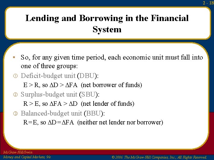 2 - 18 Lending and Borrowing in the Financial System • So, for any 2 - 18 Lending and Borrowing in the Financial System • So, for any