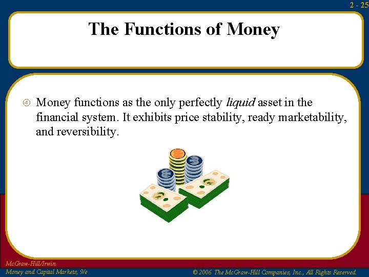 2 - 25 The Functions of Money functions as the only perfectly liquid asset 2 - 25 The Functions of Money functions as the only perfectly liquid asset