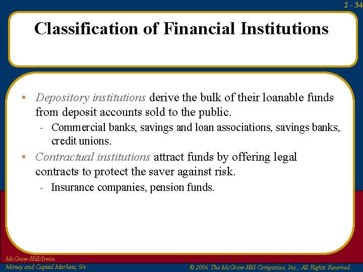 2 - 34 Classification of Financial Institutions • Depository institutions derive the bulk of 2 - 34 Classification of Financial Institutions • Depository institutions derive the bulk of