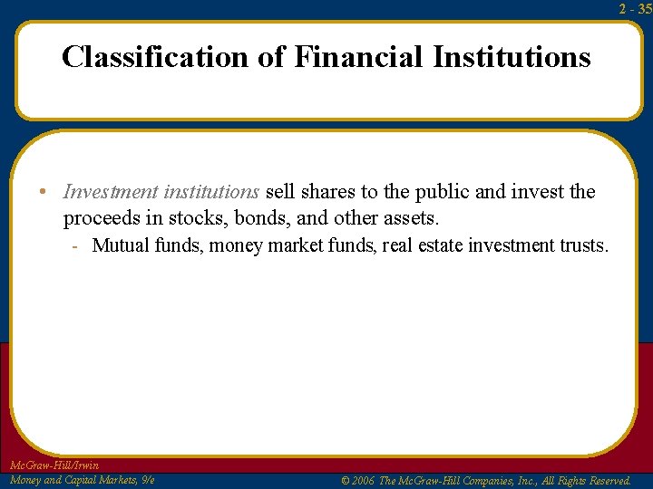 2 - 35 Classification of Financial Institutions • Investment institutions sell shares to the 2 - 35 Classification of Financial Institutions • Investment institutions sell shares to the