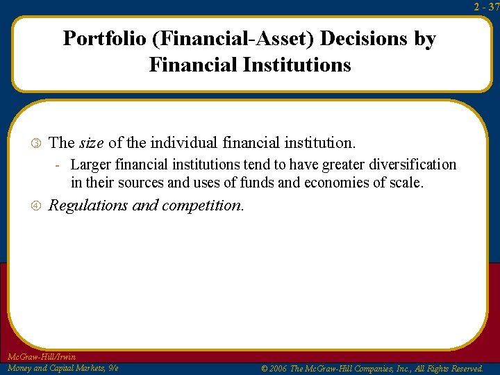 2 - 37 Portfolio (Financial-Asset) Decisions by Financial Institutions The size of the individual 2 - 37 Portfolio (Financial-Asset) Decisions by Financial Institutions The size of the individual