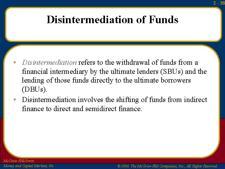 2 - 38 Disintermediation of Funds • Disintermediation refers to the withdrawal of funds 2 - 38 Disintermediation of Funds • Disintermediation refers to the withdrawal of funds