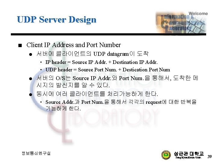 UDP Server Design n Client IP Address and Port Number l 서버에 클라이언트의 UDP