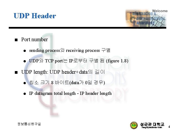 UDP Header n n Port number l sending process와 receiving process 구별 l UDP와