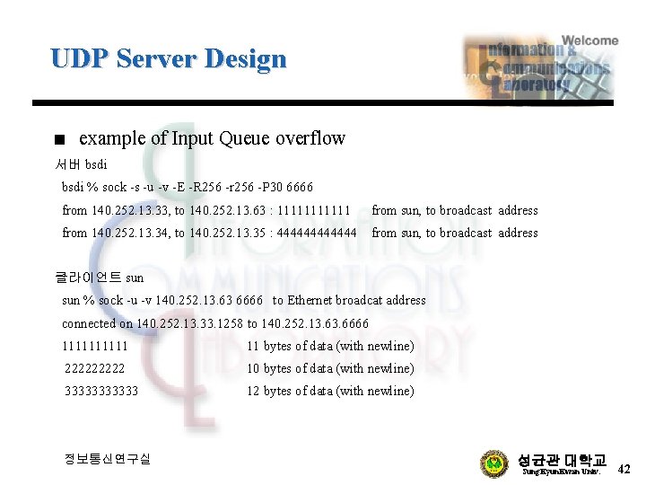 UDP Server Design n example of Input Queue overflow 서버 bsdi % sock -s