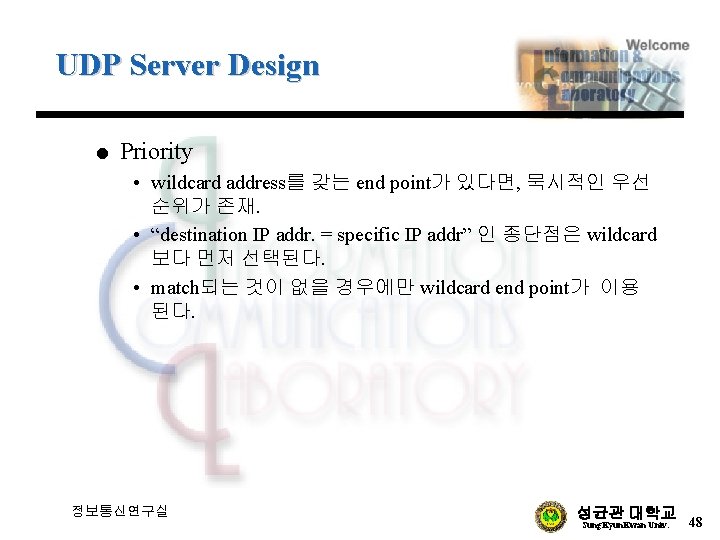 UDP Server Design l Priority • wildcard address를 갖는 end point가 있다면, 묵시적인 우선