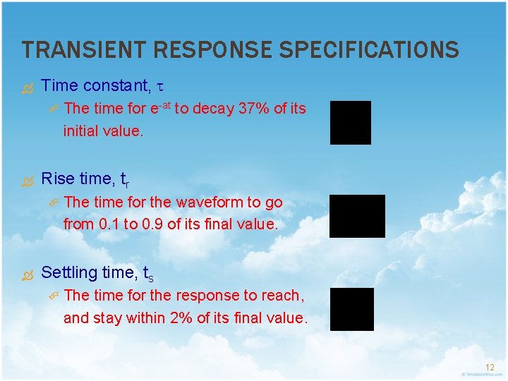 TRANSIENT RESPONSE SPECIFICATIONS Time constant, Rise time, tr The time for e-at to decay