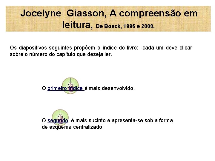 Jocelyne Giasson, A compreensão em leitura, De Boeck, 1996 e 2008. Os diapositivos seguintes