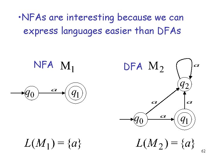  • NFAs are interesting because we can express languages easier than DFAs NFA