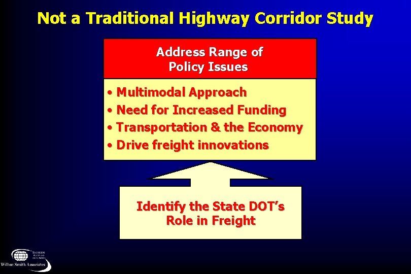 Not a Traditional Highway Corridor Study Address Range of Policy Issues • Multimodal Approach