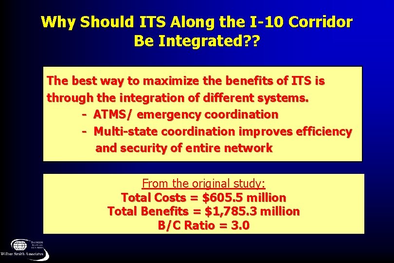 Why Should ITS Along the I-10 Corridor Be Integrated? ? The best way to