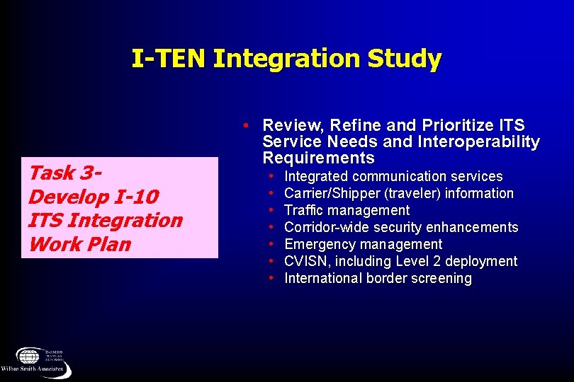 I-TEN Integration Study Task 3 Develop I-10 ITS Integration Work Plan • Review, Refine