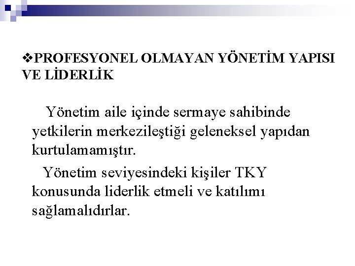 v. PROFESYONEL OLMAYAN YÖNETİM YAPISI VE LİDERLİK Yönetim aile içinde sermaye sahibinde yetkilerin merkezileştiği