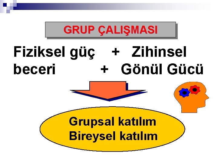 GRUP ÇALIŞMASI Fiziksel güç + Zihinsel beceri + Gönül Gücü Grupsal katılım Bireysel katılım