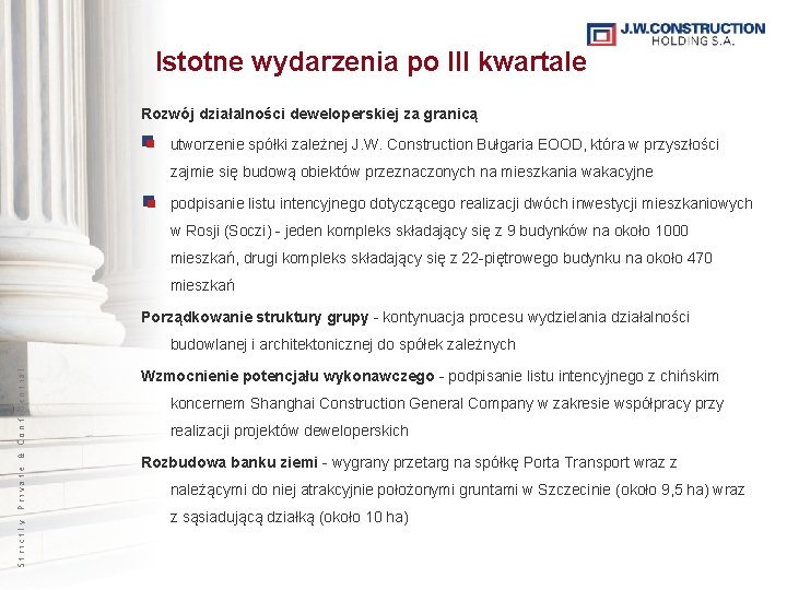 Istotne wydarzenia po III kwartale Rozwój działalności deweloperskiej za granicą utworzenie spółki zależnej J.