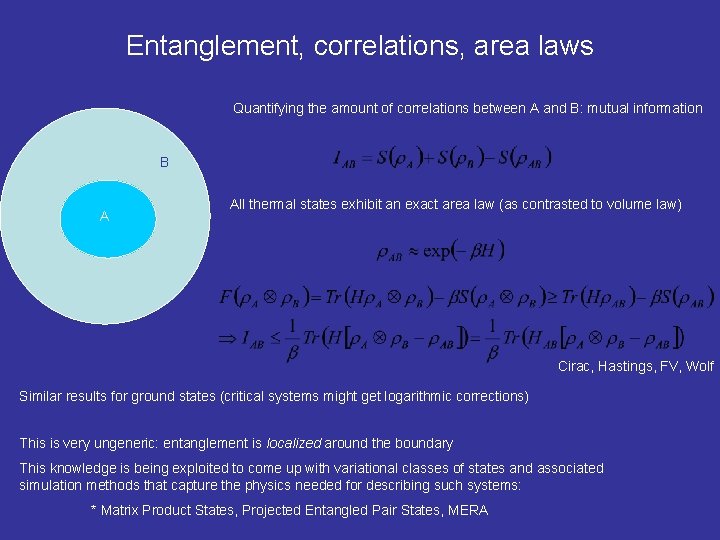 Entanglement, correlations, area laws Quantifying the amount of correlations between A and B: mutual