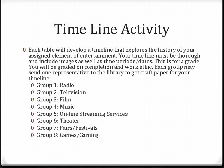 Time Line Activity 0 Each table will develop a timeline that explores the history