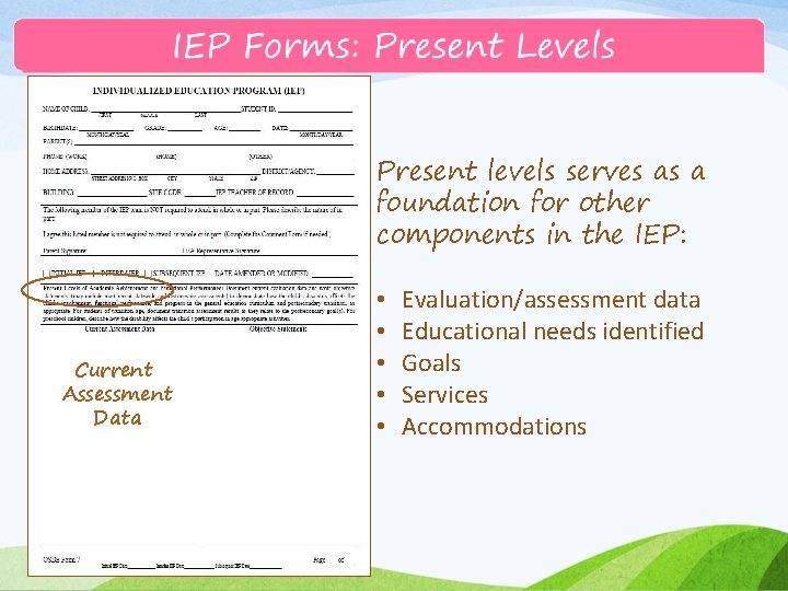 Present levels serves as a foundation for other components in the IEP: Current Assessment