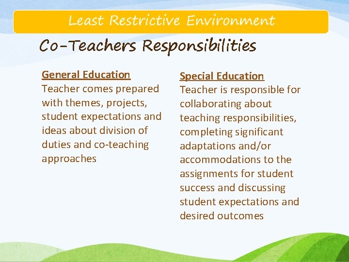 Co-Teachers Responsibilities General Education Teacher comes prepared with themes, projects, student expectations and ideas