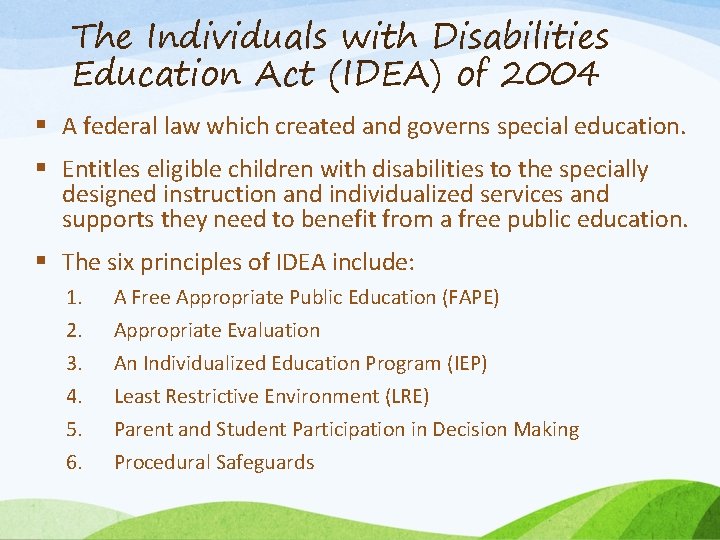 The Individuals with Disabilities Education Act (IDEA) of 2004 § A federal law which