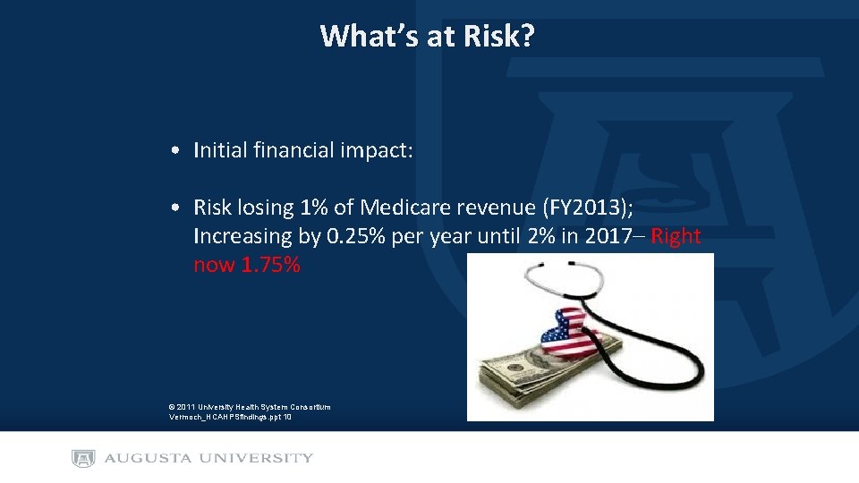 What’s at Risk? • Initial financial impact: • Risk losing 1% of Medicare revenue