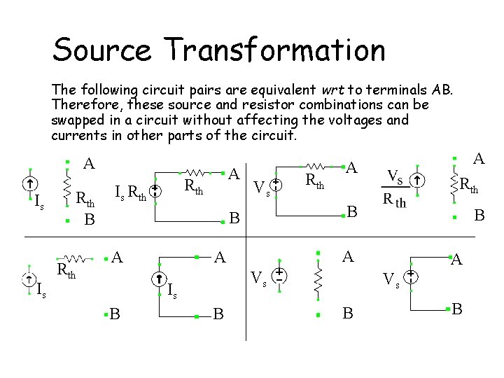 Source Transformation The following circuit pairs are equivalent wrt to terminals AB. Therefore, these