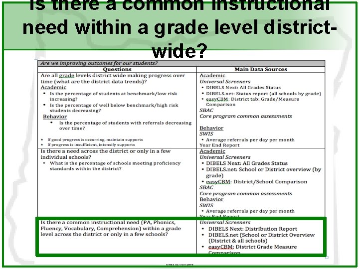 Is there a common instructional need within a grade level districtwide? 