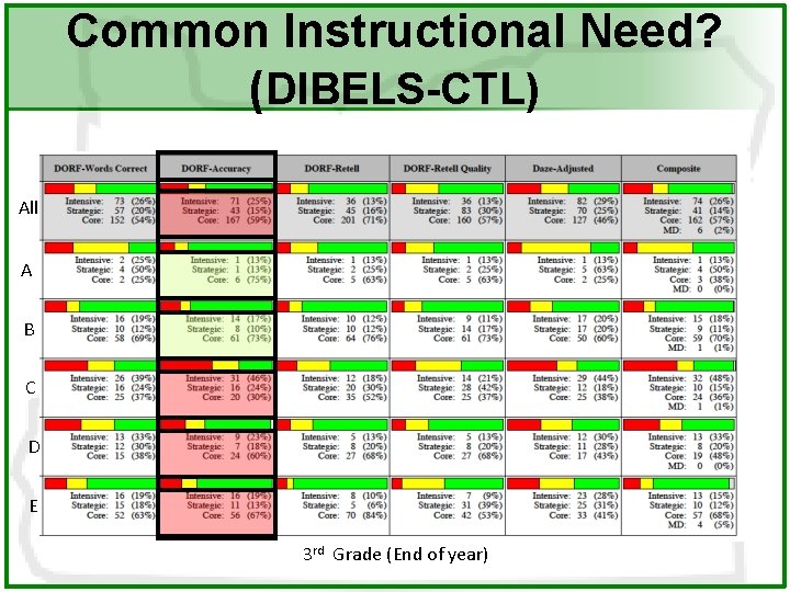Common Instructional Need? (DIBELS-CTL) All A B C D E 3 rd Grade (End