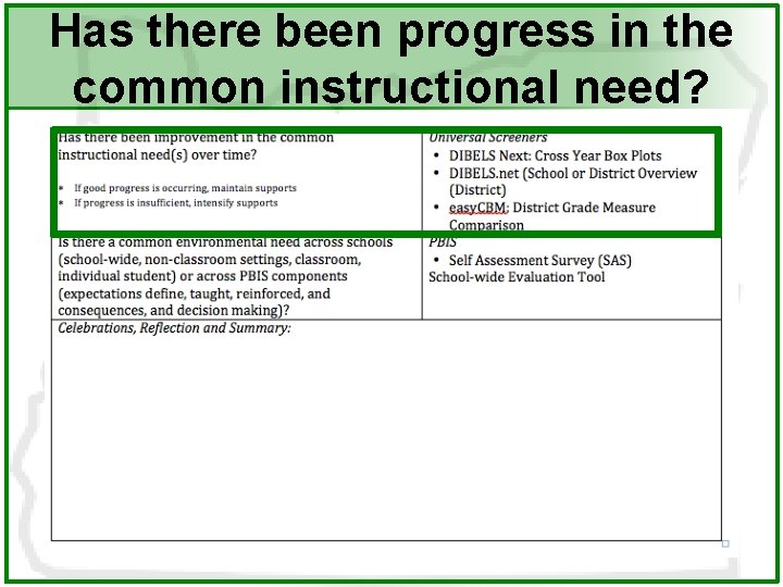 Has there been progress in the common instructional need? 