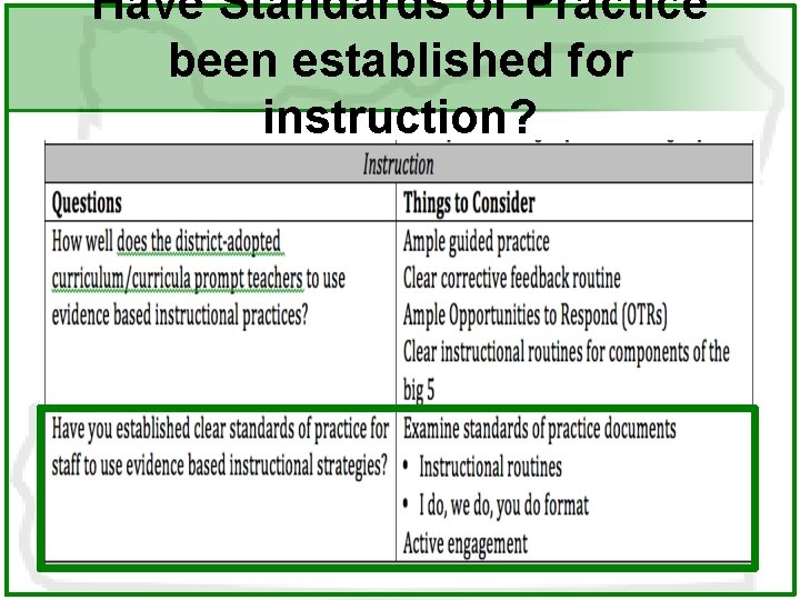 Have Standards of Practice been established for instruction? 