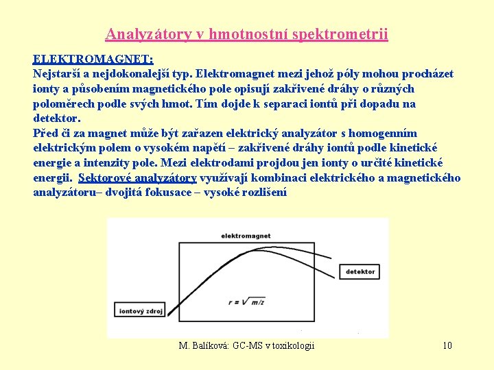 Analyzátory v hmotnostní spektrometrii ELEKTROMAGNET: Nejstarší a nejdokonalejší typ. Elektromagnet mezi jehož póly mohou