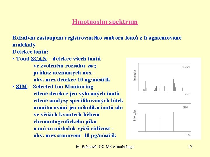 Hmotnostní spektrum Relativní zastoupení registrovaného souboru iontů z fragmentované molekuly Detekce iontů: • Total