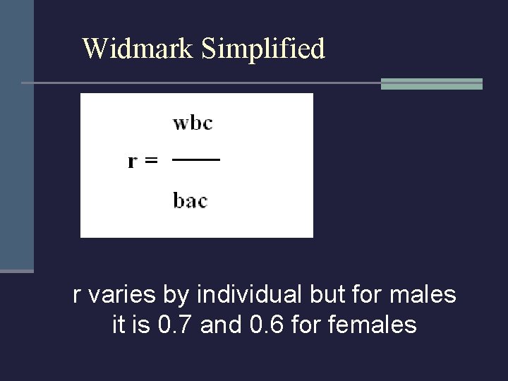 Widmark Simplified r varies by individual but for males it is 0. 7 and