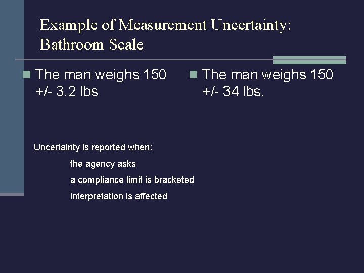 Example of Measurement Uncertainty: Bathroom Scale n The man weighs 150 +/- 3. 2