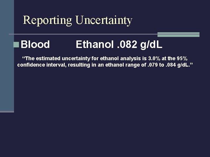 Reporting Uncertainty n Blood Ethanol. 082 g/d. L “The estimated uncertainty for ethanol analysis