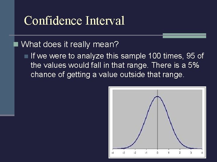 Confidence Interval n What does it really mean? n If we were to analyze