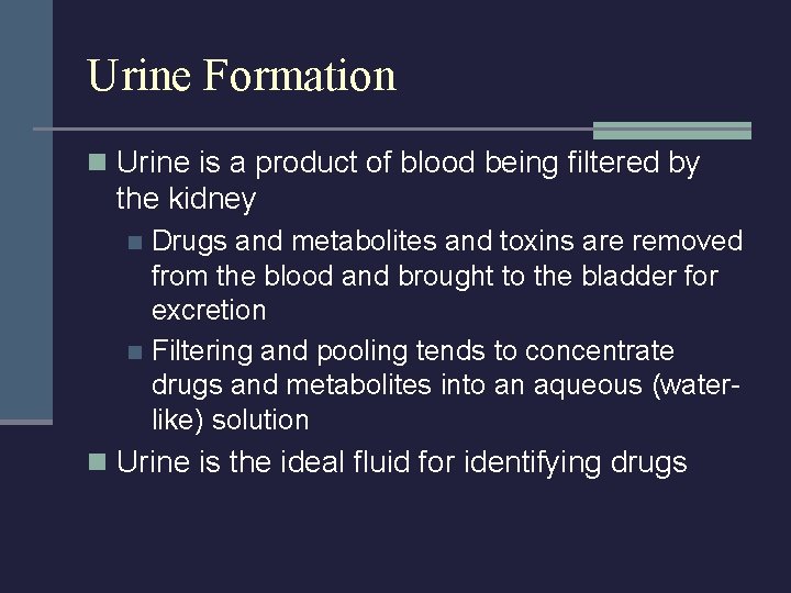 Urine Formation n Urine is a product of blood being filtered by the kidney
