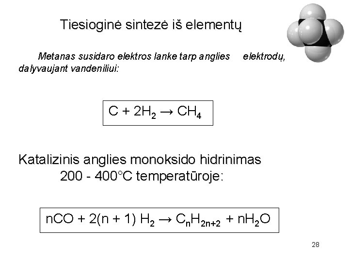 Tiesioginė sintezė iš elementų Metanas susidaro elektros lanke tarp anglies dalyvaujant vandeniliui: elektrodų, C